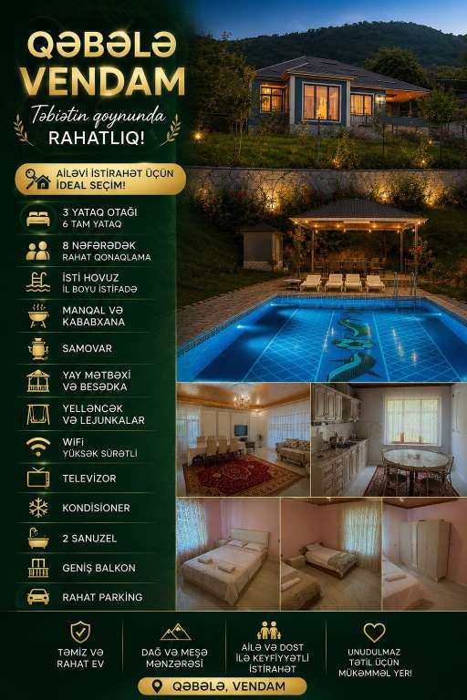 Qəbələ Vəndam günlük kirayə Həyət evi / Villa 250 AZN-a 3 otaqlı